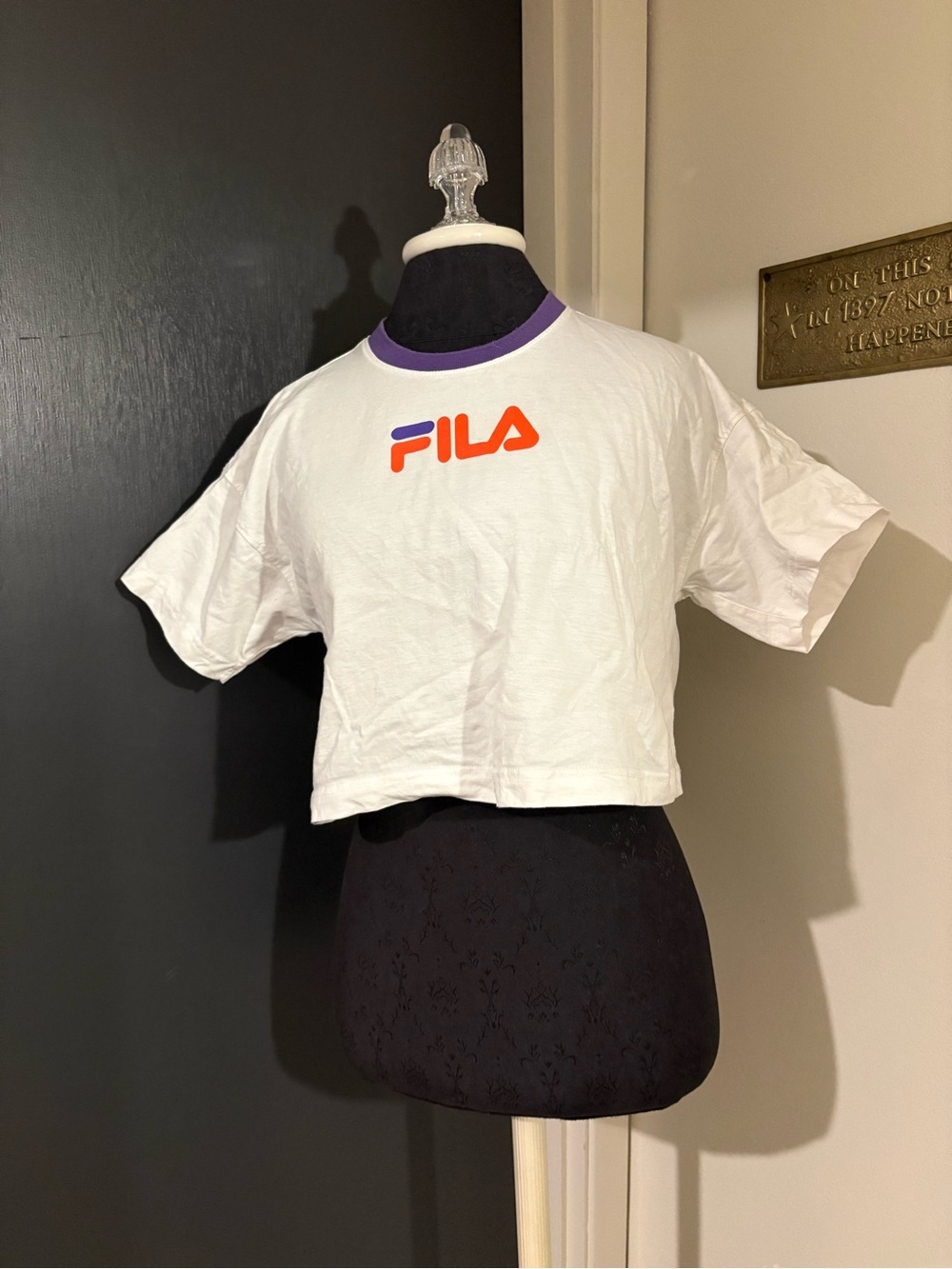Fila White Cropped Tee with Purple Neckline and Orange Logo 100% cotton 💜